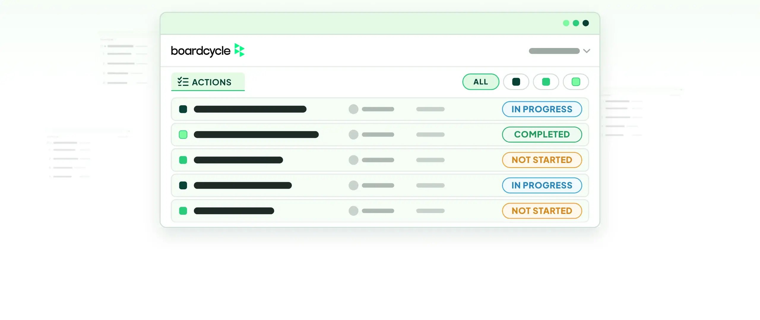 The boardcycle actions list showing actions from the board and two committees, each with its owner, due date and status: in progress, completed or not started