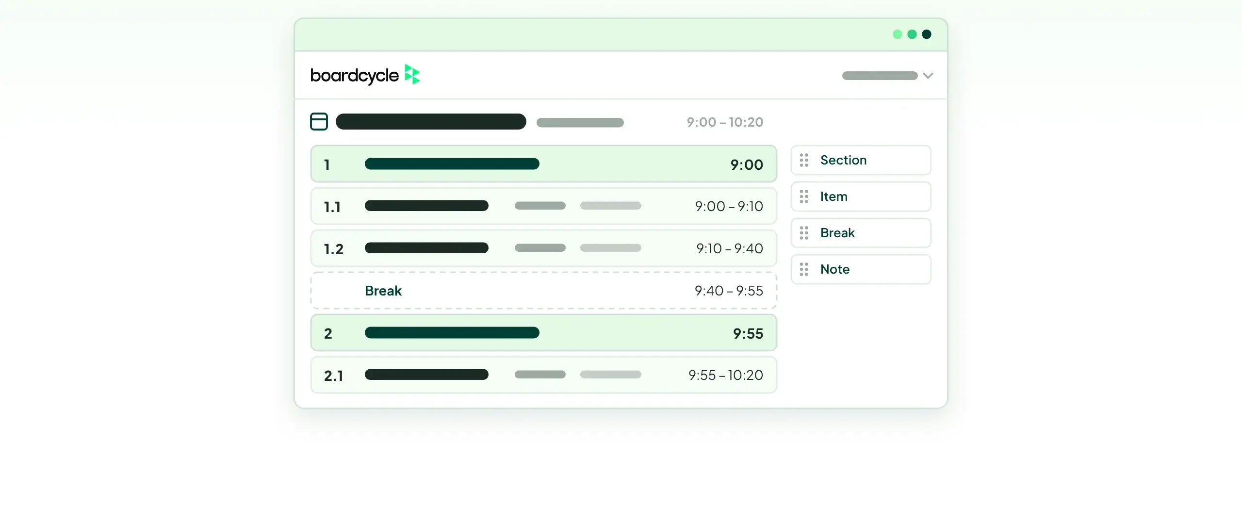 A board meeting in boardcycle's drag-and-drop meeting builder, with sections, items and a break, and each item's start and end time calculated automatically