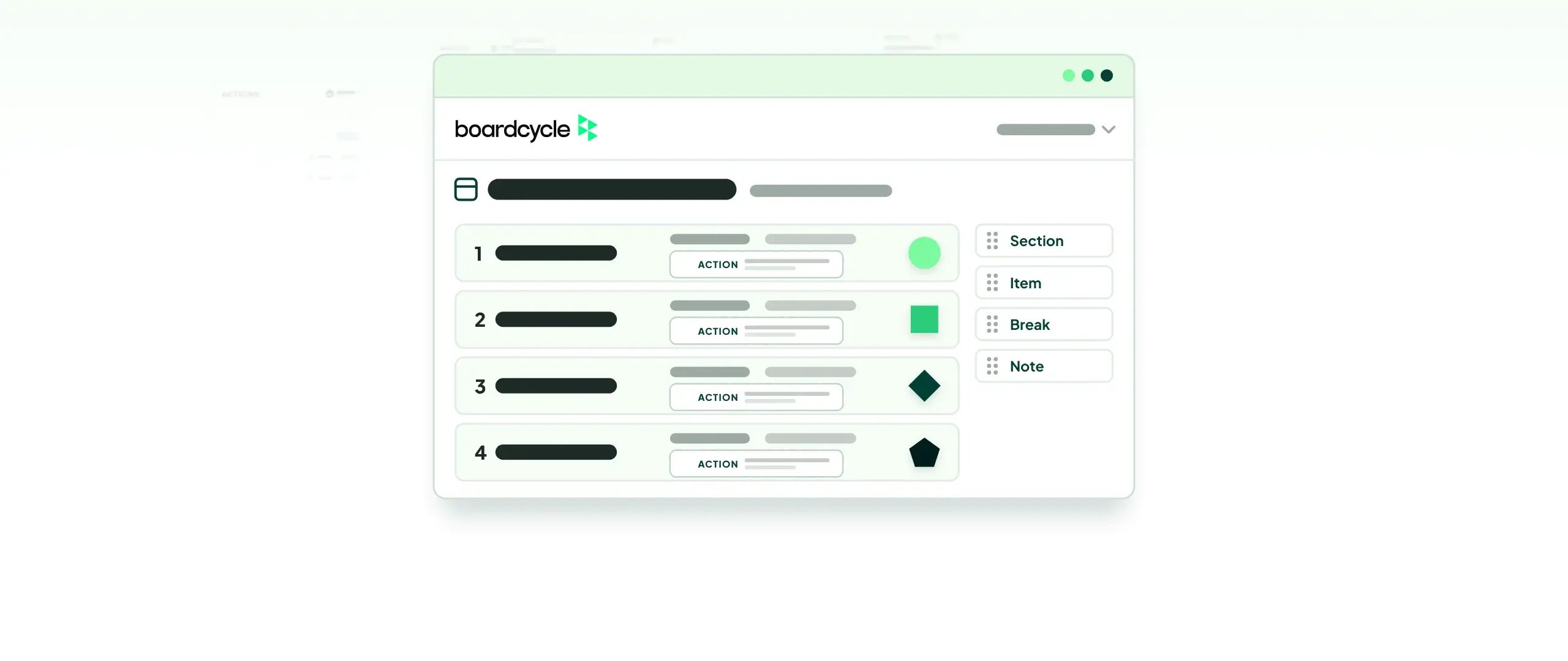 The boardcycle meeting builder: four agenda items, each marked with a shape, ready to become the agenda, run sheet, minutes and actions list
