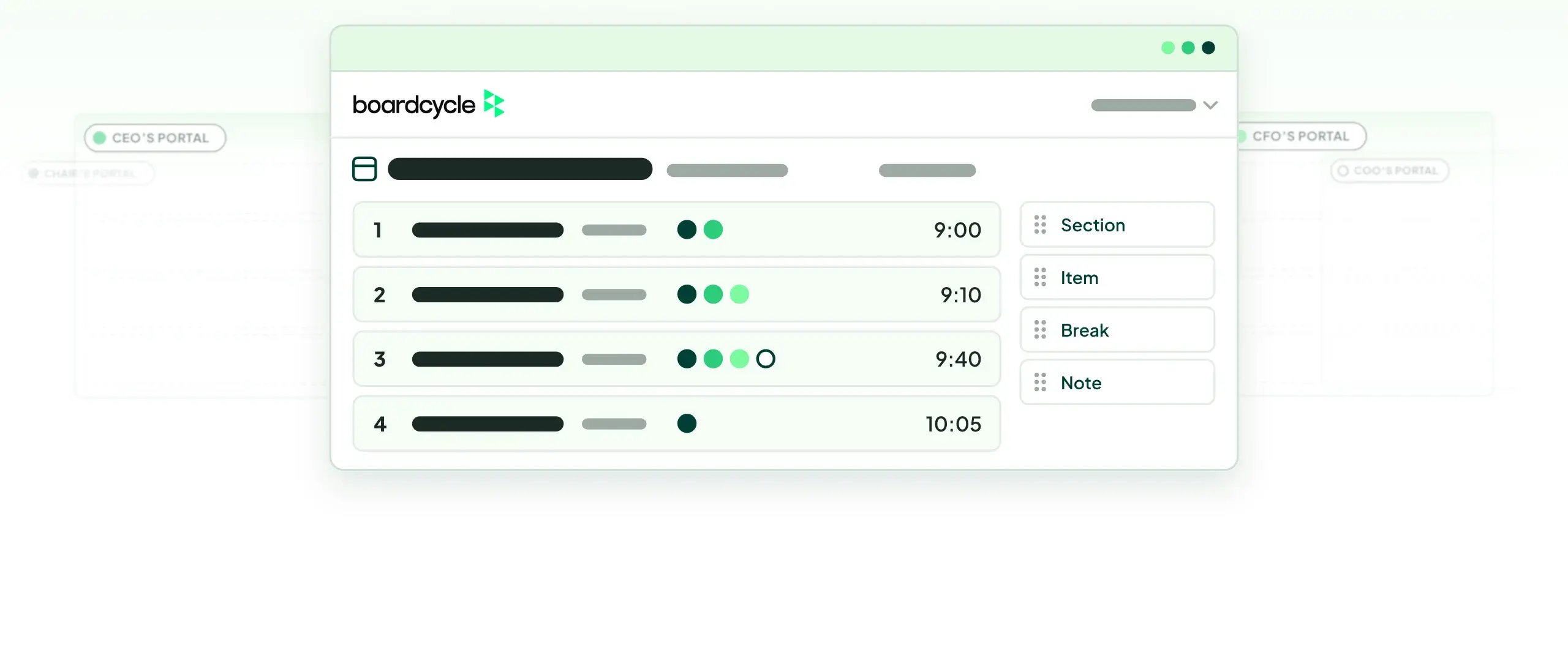 A board meeting in boardcycle with four agenda items, each marked with the people attending it, and management portals for the Chair, CEO, CFO and COO ready to receive it