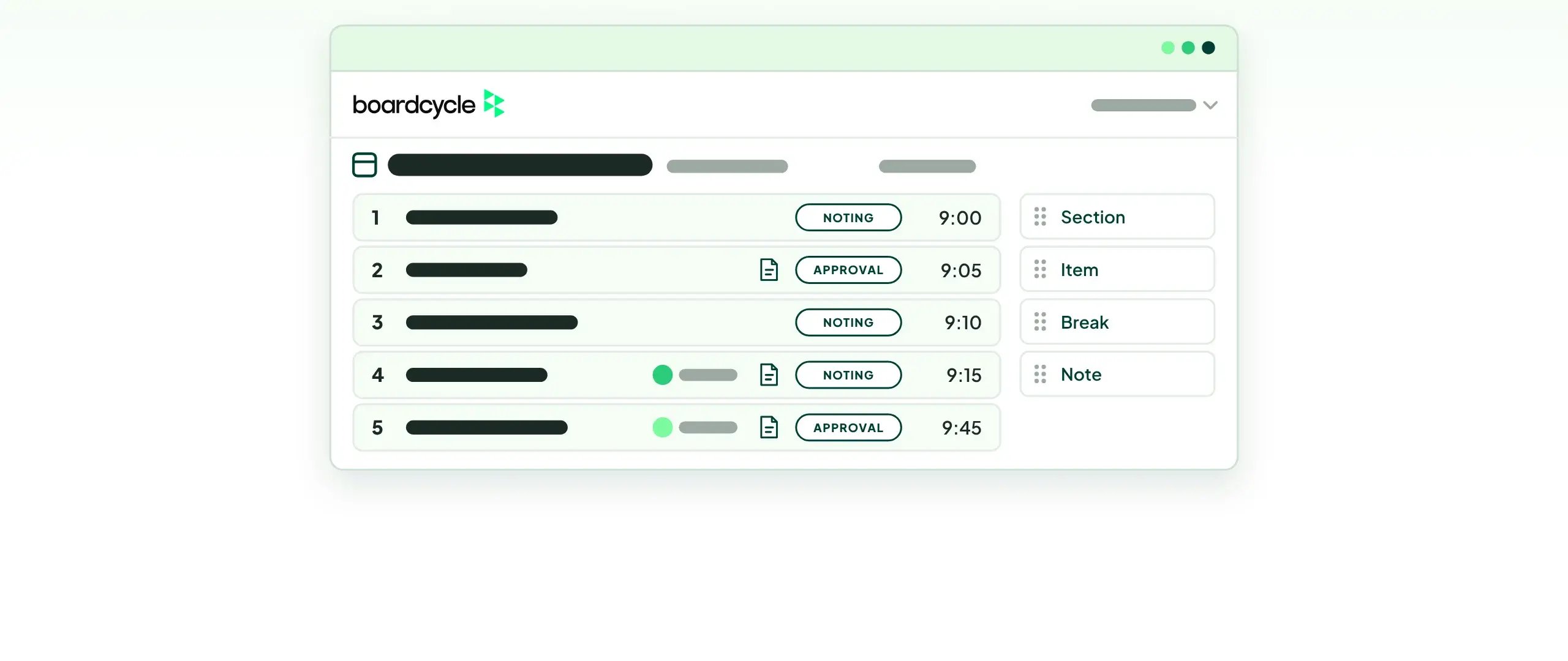 A board meeting built in boardcycle: five agenda items, each with its action type, paper, presenter and start time, from which the draft minutes are produced
